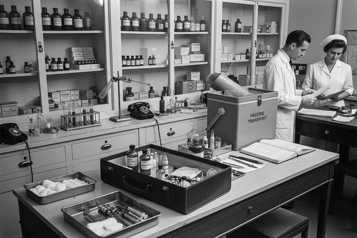 Sprechstundenbedarf und Impstoffe Versorgung im Stil der 1950, schwarz weiß