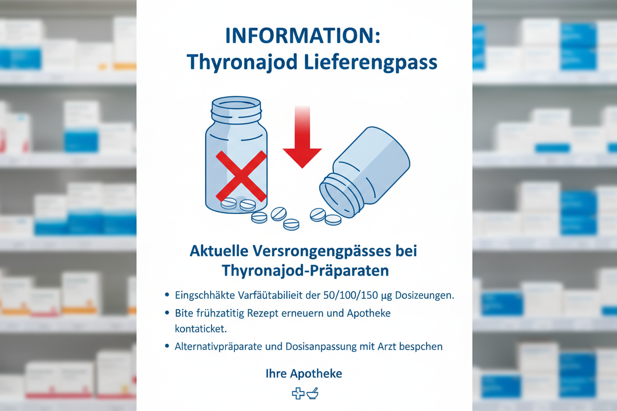 Thyronajod Lieferengpass, Thyronajod nicht lieferbar, Lieferprobleme Thyronajod, Alternative zu Thyronajod, Schilddrüse Medikament Lieferengpass